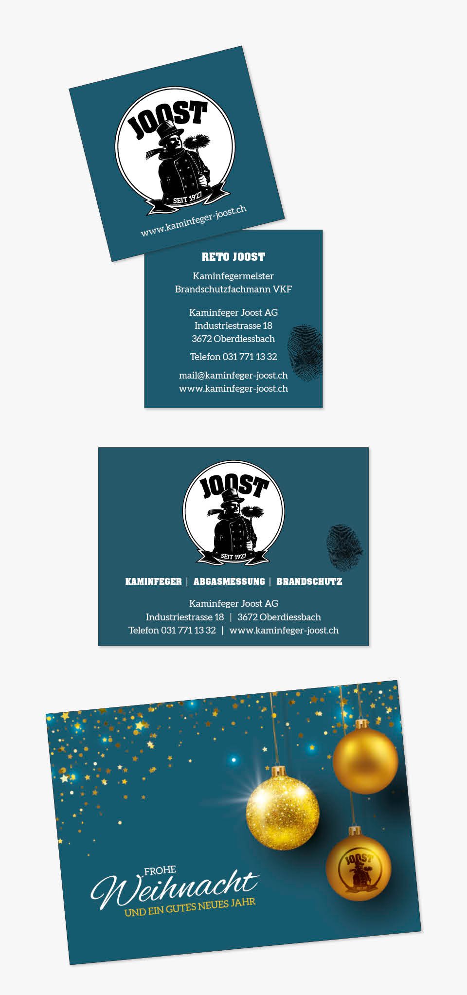 Visitenkarte, Inserat und Kleber Kaminfeger Joost