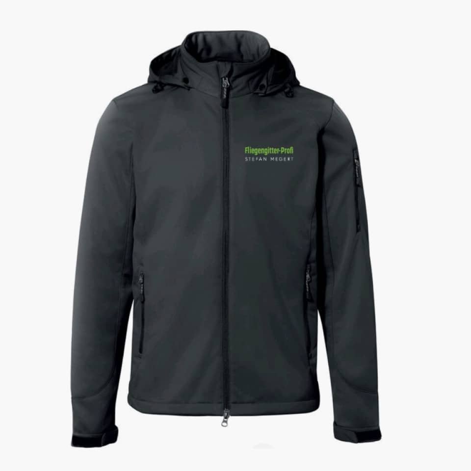 Fliegengitter Profi Stefan Megert, Jacke Beschriftung mit Logo